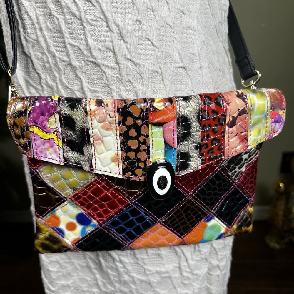 Bag Patchwork Crossbody Croc Embossed Patent Leather Magnet snap flap